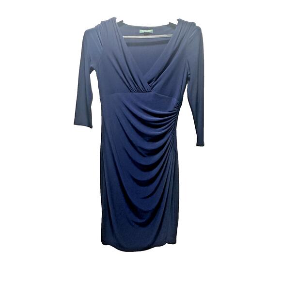 Lauren Ralph Lauren Women’s Navy Ruched Stretch Dress Size 8 3/4 Knee Length - Picture 9 of 9